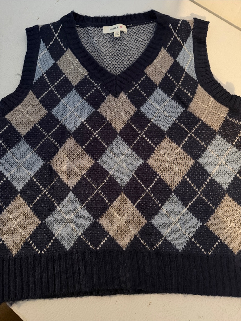 Better Be Navy Argyle V-Neck Sweater Vest with Light Blue and Tan Diamonds 💐